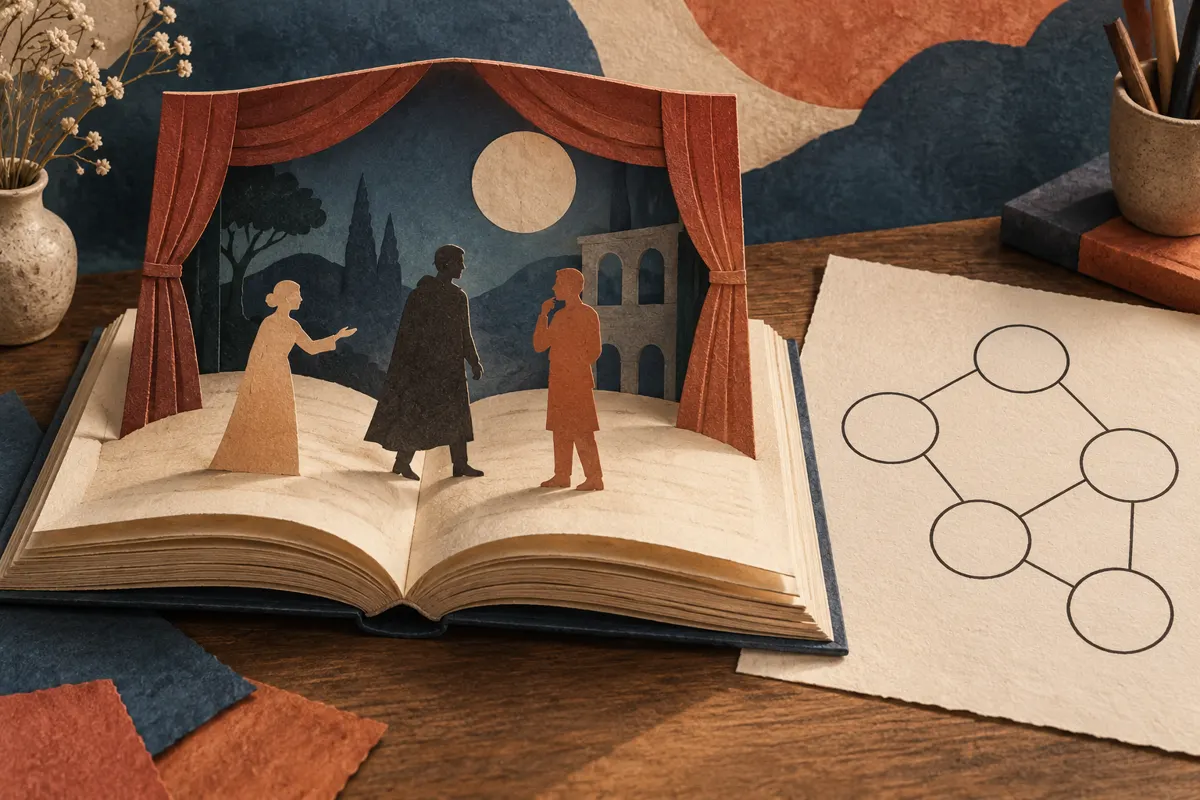 Ilustracja książki, sceny teatralnej i schematu relacji między postaciami